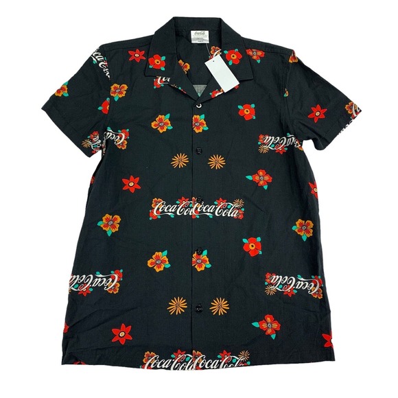Hybrid Apparel Mens Coca Cola Floral Short Sleeve Button Down Shirt Black S - Picture 1 of 4